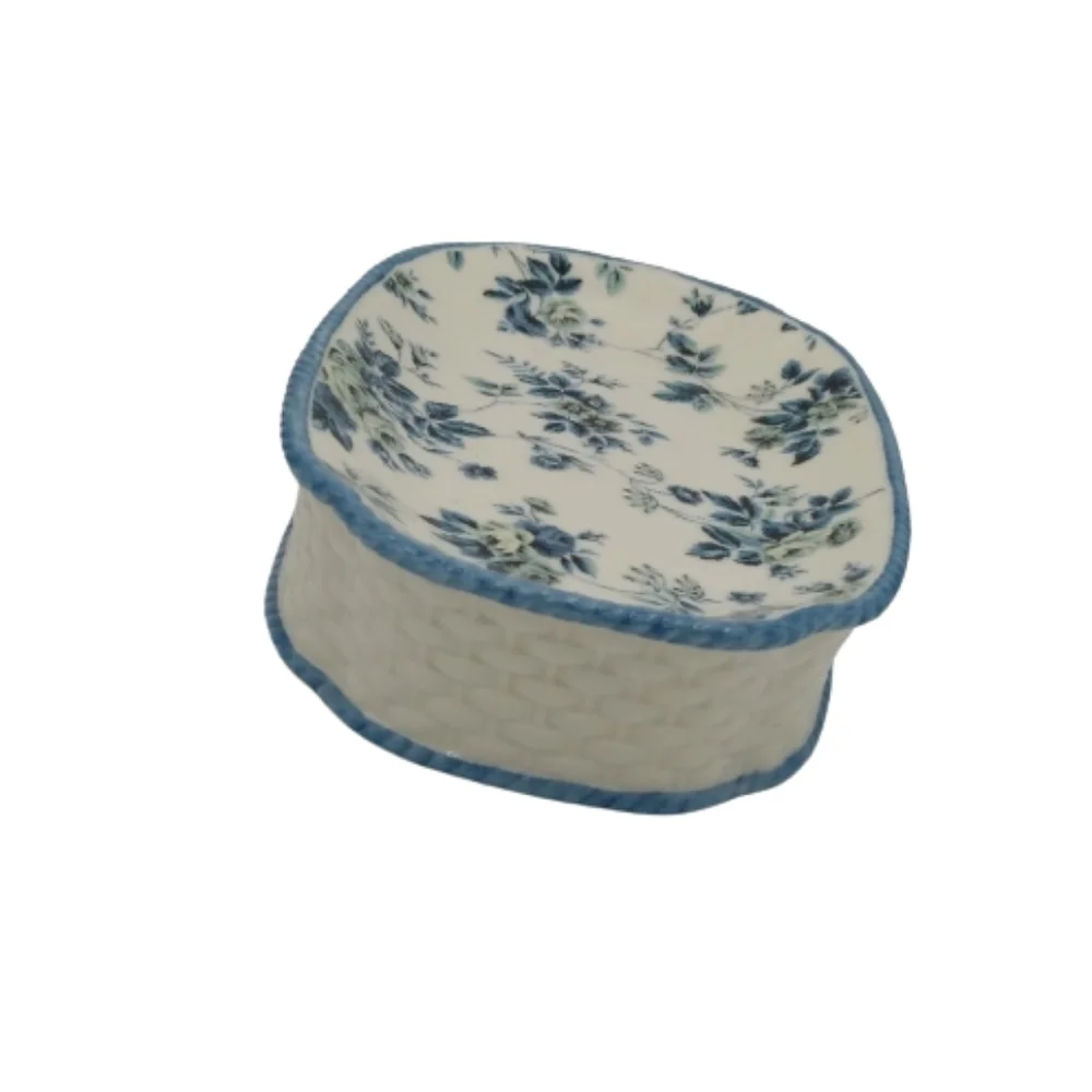 Springs Garden Room Basketweave Blue Roses Floral Porcelain Soap Dish